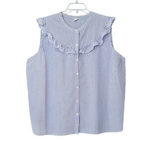 Old Navy Ruffle Yoke Blue White Stripe Sleeveless Blouse Top